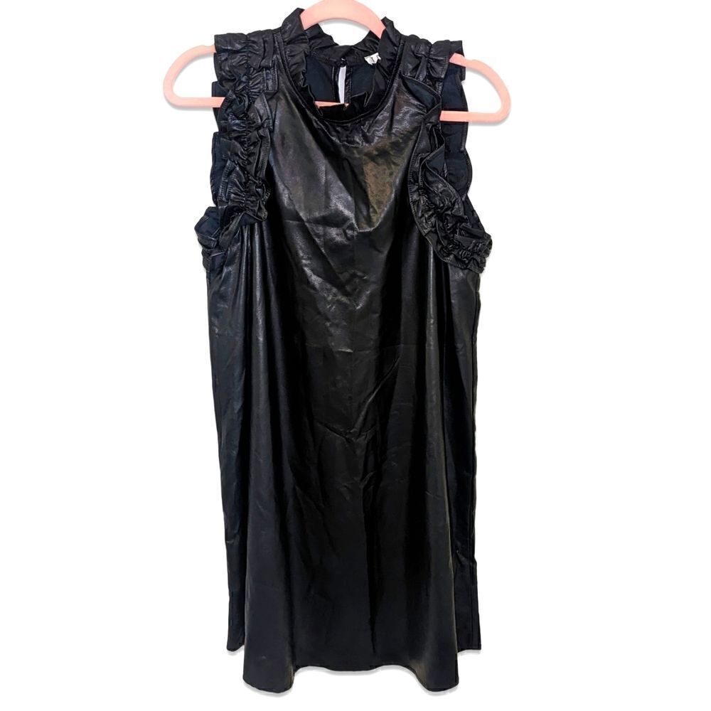 TCEC VEGAN LEATHER POLY RUFFLE MOCK NECK SLEEVELESS SHIFT DRESS KEY HOLE BACK